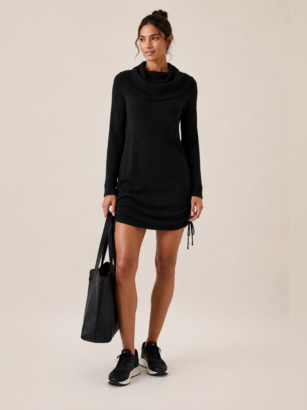 Athleta Hoodwink Sweater Dress Tunic Black Merino Wool Ruched Size Medium NWT